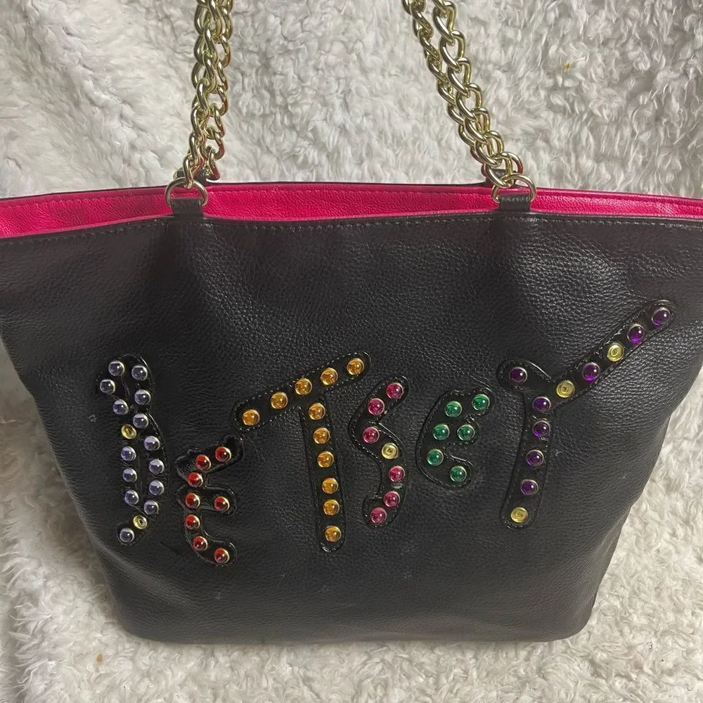 Betsey Johnson jewels large black synthetic leather tote gold tone chain straps
